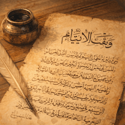 "وثيقة وقف إسلامية قديمة مكتوبة بالعربية، مخصصة لكفالة الأيتام، تمثل دور الأوقاف في رعاية اليتيم عبر التاريخ."