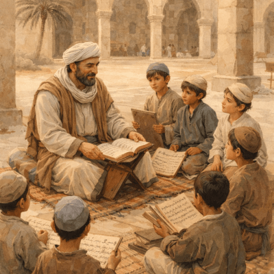 "صورة تخيّلية لحلقة تعليم القرآن في مسجد قديم تضم بعض الأيتام، تعبيرًا عن عناية الحضارة الإسلامية بتعليم اليتيم."