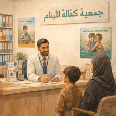 "مشهد داخلي حديث لمقر جمعية كفالة أيتام، يوضح بيئة العمل المؤسسي لرعاية اليتيم في العصر الحاضر."