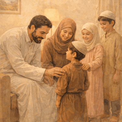 "أسرة مسلمة تستقبل يتيمًا في منزلها وتجلس معه في جو حميمي، تعبيرًا عن كفالة اليتيم داخل الأسرة بروح المودة والرحمة."