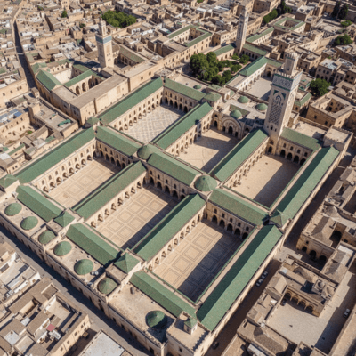 صورة لمسجد وجامعة القرويين في فاس تظهر العمارة الإسلامية العريقة للمؤسسة التعليمية الأقدم في العالم.