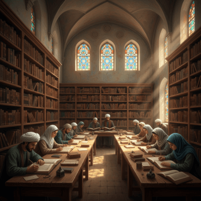 صورة لقاعة دراسة ومكتبة إسلامية تاريخية تعكس أجواء طلب العلم في جامعة القرويين عبر القرون