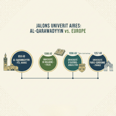 إنفوجرافيك عربي يوضح خطًا زمنيًا يبيّن أن جامعة القرويين أقدم من عدة جامعات أوروبية شهيرة