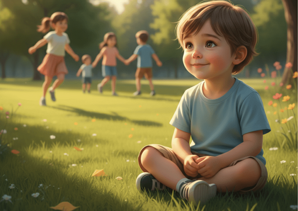 اكتشف جمال الطفل الخجول في حديقة مليئة بالمرح | صورة عاطفية توضح هدوء الطفولة الهادئة وملاحظته الدقيقة، مثال رائع للخجل كقوة داخلية.