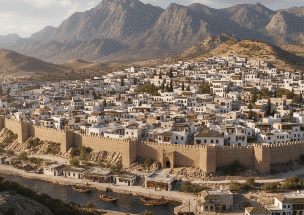 منظر تاريخي تخيلي لمدينة تطوان الأندلسية في عصر السيدة الحرة، يبرز موقعها الاستراتيجي بين الجبل والبحر في شمال المغرب.