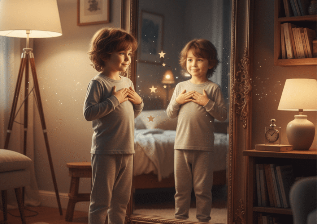 بناء ثقة الطفل الخجول أمام المرآة | صورة تحفيزية تظهر رحلة الطفل الهادئ نحو الثقة بالنفس والقوة الداخلية.

