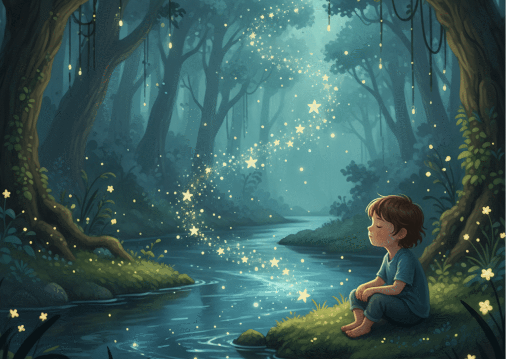  الهدوء كالنهر: رحلة الطفل الخجول نحو الفهم | صورة رمزية عن جمال الصمت والثقة لدى الأطفال الخجولين، مثال على الخاتمة العاطفية.