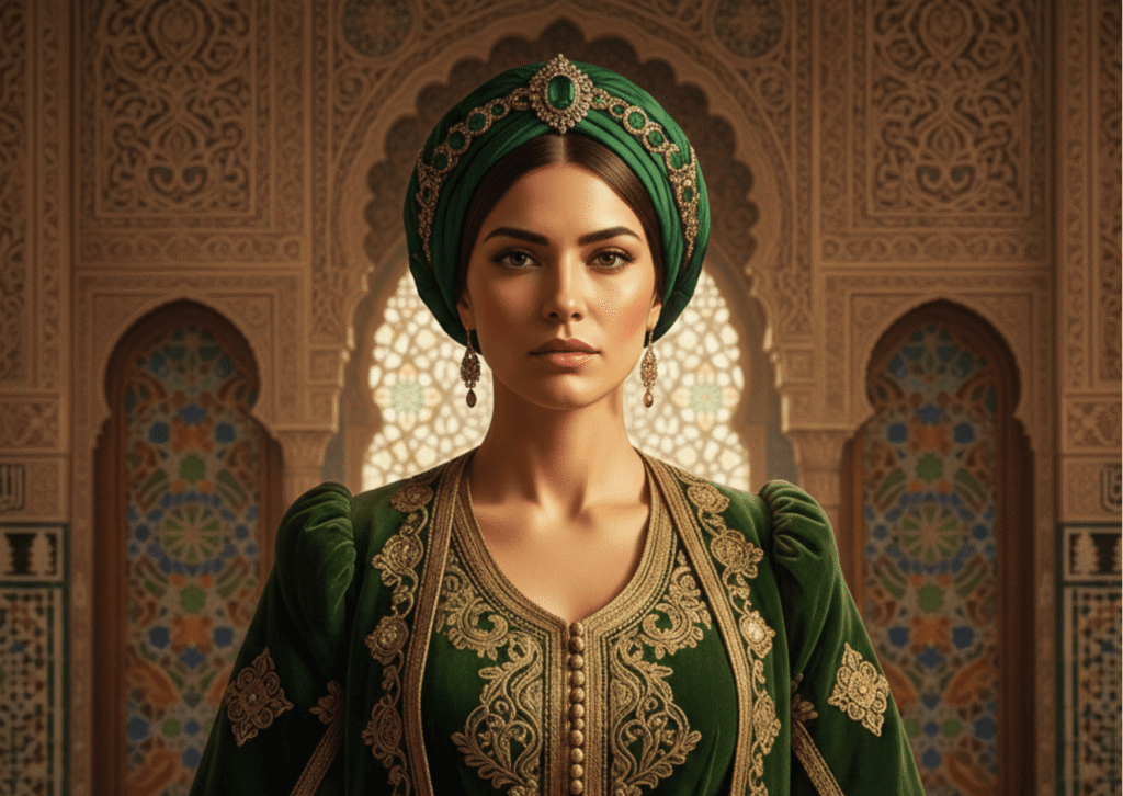 صورة تخيلية للسيدة الحرة حاكمة تطوان في زي ملكي أندلسي مغربي، تعكس قوتها ووقارها كأميرة للجهاد البحري في شمال المغرب