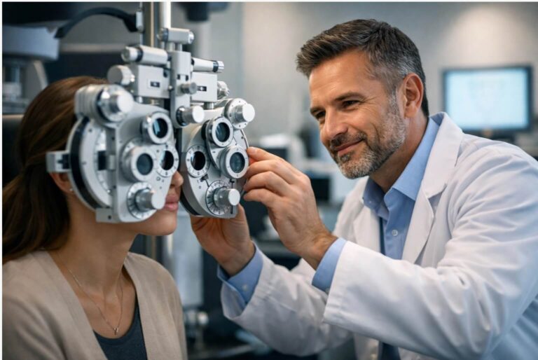 طبيب عيون يجري فحصاً شاملاً للعين باستخدام أجهزة فحص حديثة في عيادة متخصصة، للتأكد من صحة البصر ومتابعة تأثير الشاشات