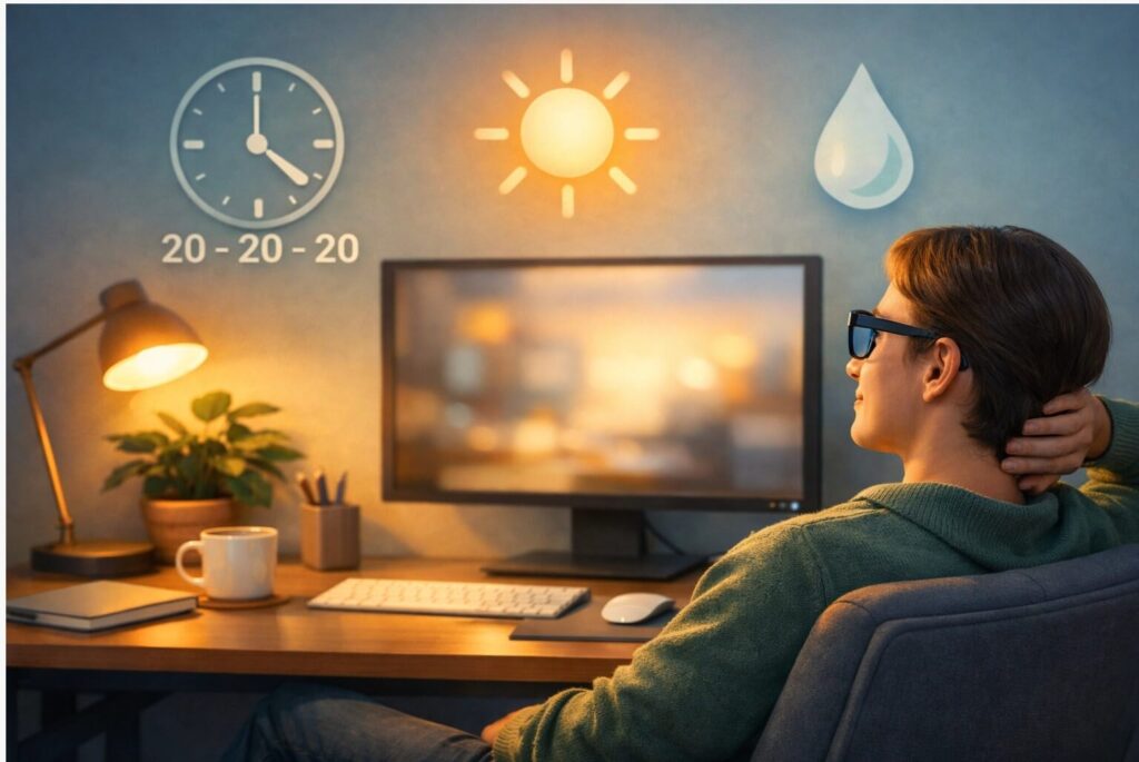 رسم توضيحي لشخص يطبق قاعدة 20-20-20 بالنظر إلى نقطة بعيدة بعد استخدام الكمبيوتر، لراحة العين وتقليل الإجهاد الرقمي.