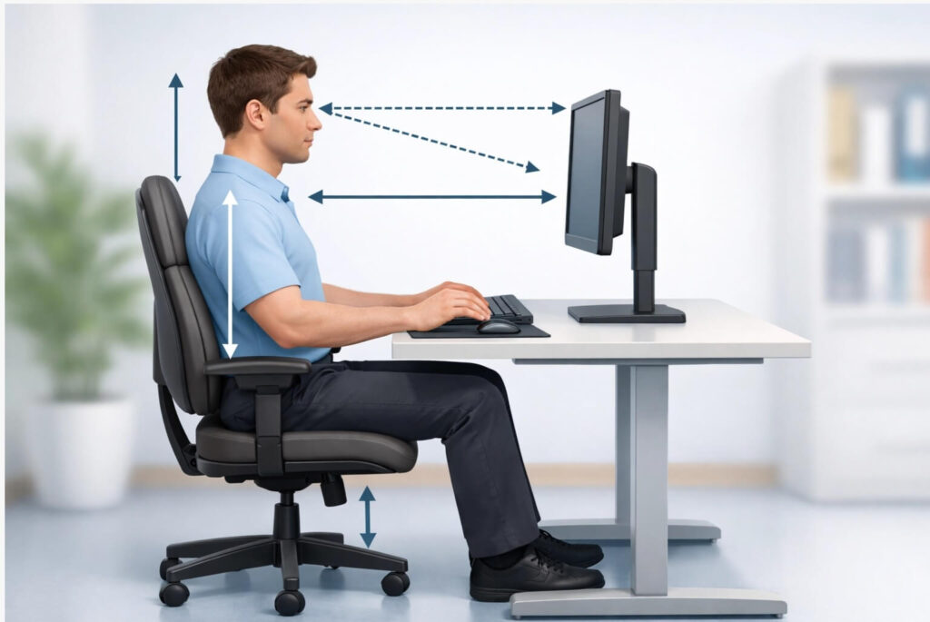 إعداد مكتب مريح للعين مع شاشة في مستوى النظر، وإضاءة دافئة بدون وهج، ومسافة جلوس صحيحة تقلل من إجهاد العين والرقبة.