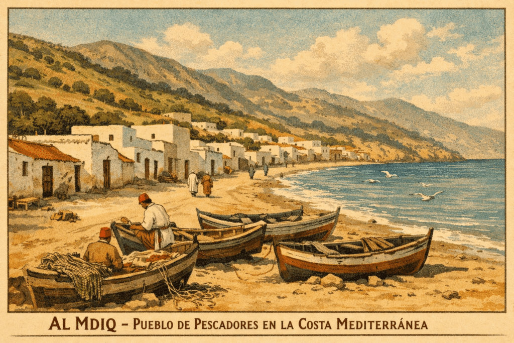 رسم تعبيري لقرية الصيادين بالمضيق في مطلع القرن العشرين، منازل بسيطة وقوارب خشبية على شاطئ البحر الأبيض المتوسط