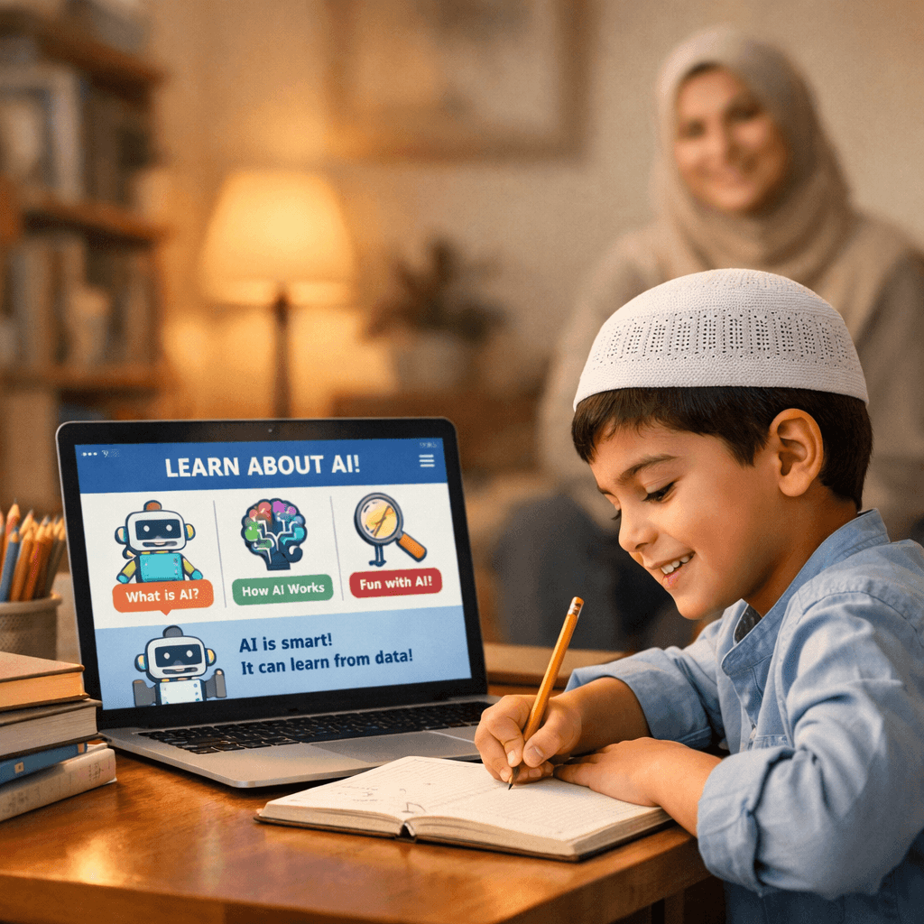 طفل يذاكر باستخدام حاسوب وتطبيق تعليمي مدعوم بالذكاء الاصطناعي مع دفتر وقلم، في توازن بين التقنية والاجتهاد الشخصي