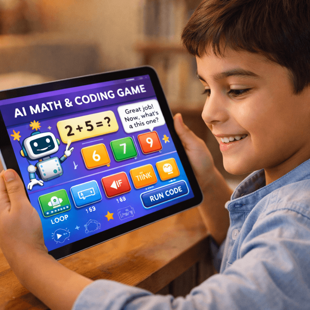 أسرة مسلمة تجلس مع أبنائها وتكتب قواعد لاستخدام الذكاء الاصطناعي والشاشات داخل البيت في جو حواري هادئ