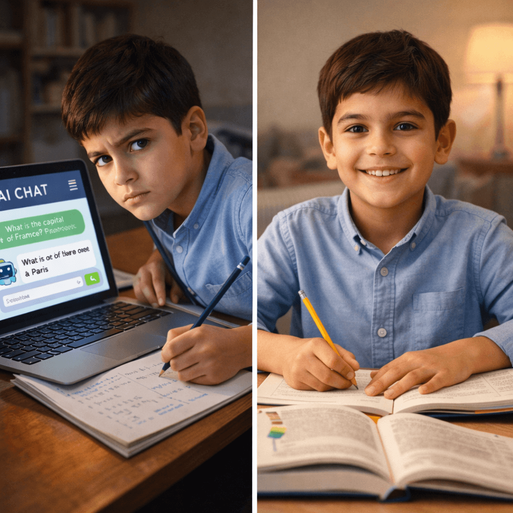 معلم يستخدم شاشة تفاعلية تعرض أداة تعليمية بالذكاء الاصطناعي إلى جانب الكتب التقليدية أمام طلاب في فصل دراسي