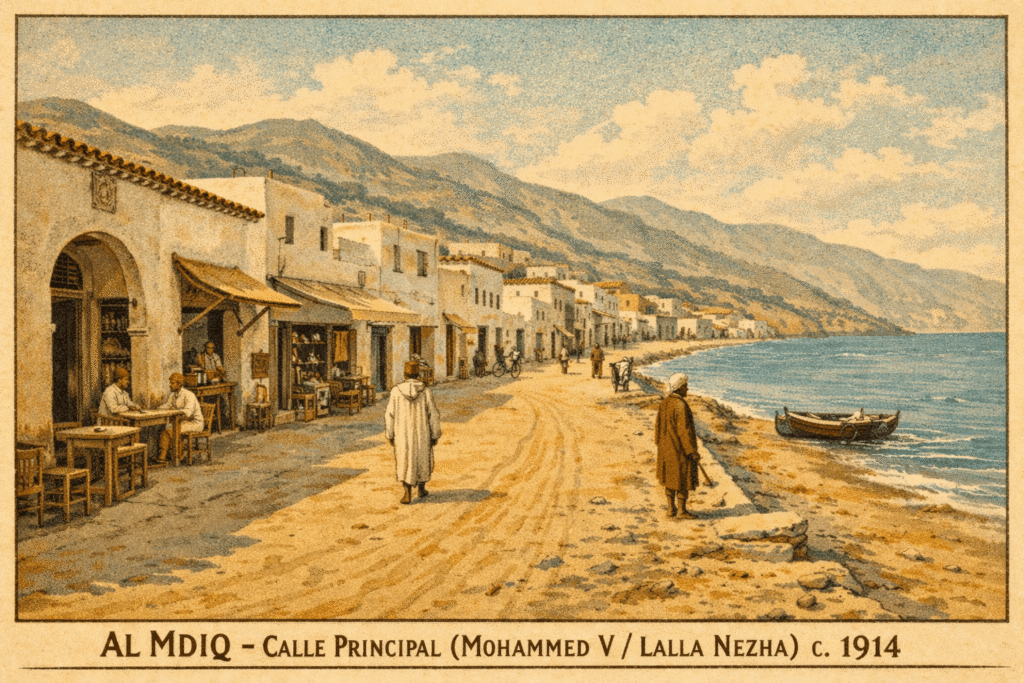 "صورة تخيلية لشارع محمد الخامس بالمضيق في بدايات القرن العشرين، تصطف على جانبيه المقاهي والدكاكين المطلة على البحر."


