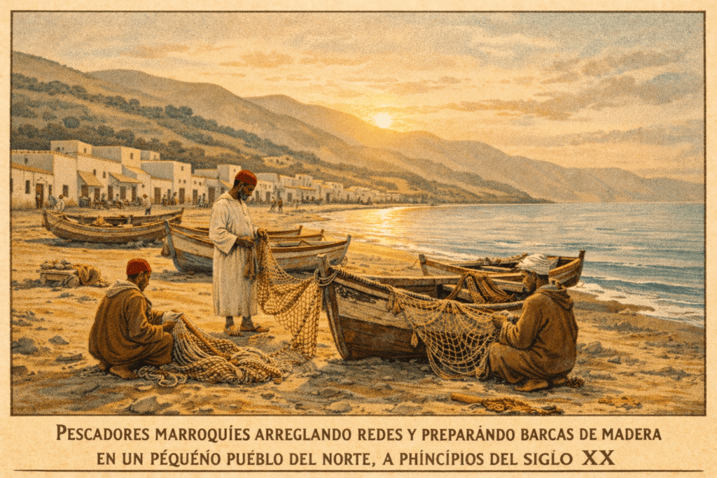 "صيادون مغاربة على شاطئ المضيق في صورة تعبيرية قديمة، يصلحون الشباك ويهيئون القوارب قبل الخروج إلى الصيد."


