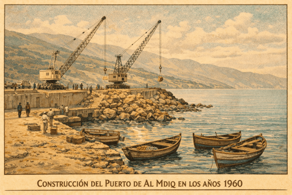 "رسم تعبيري لبداية أشغال بناء ميناء المضيق في ستينيات القرن العشرين، مع الأرصفة الأولى والقوارب الصغيرة قرب الحاجز البحري."


