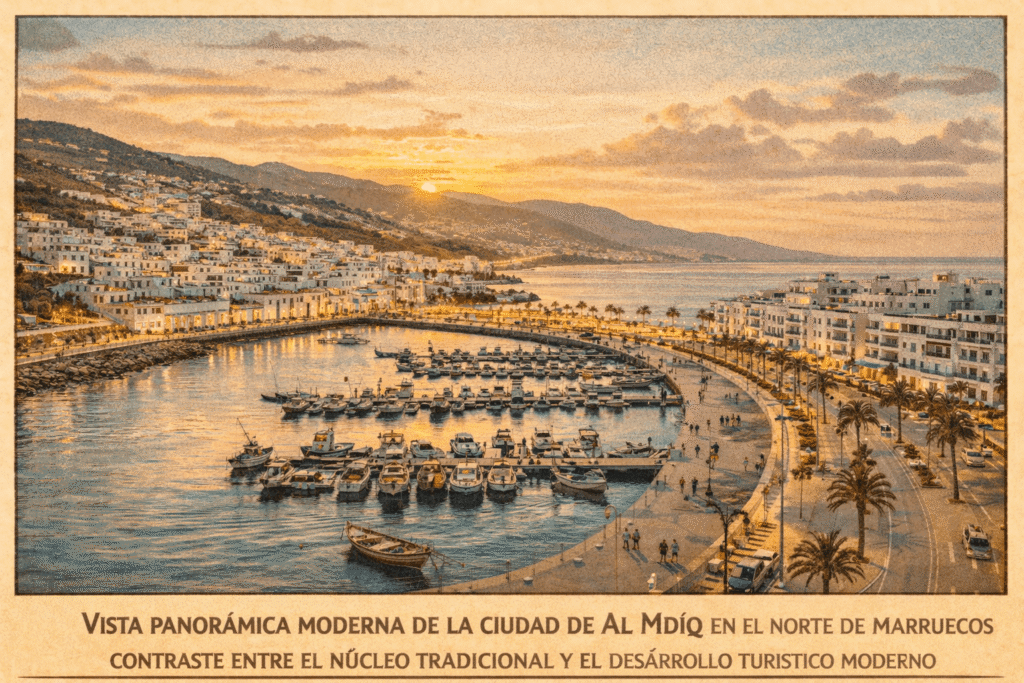 "منظر بانورامي حديث لمدينة المضيق يظهر المارينا والواجهة البحرية والمباني البيضاء على التلال، يجسد تحولها من قرية صيادين إلى مدينة سياحية."


