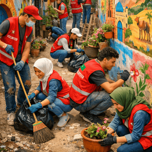 "شباب متطوعون ينظفون ويزيّنون زقاقًا في حي شعبي برسومات وألوان، تعبيرًا عن دور المبادرات الشبابية في تجميل الأحياء."

