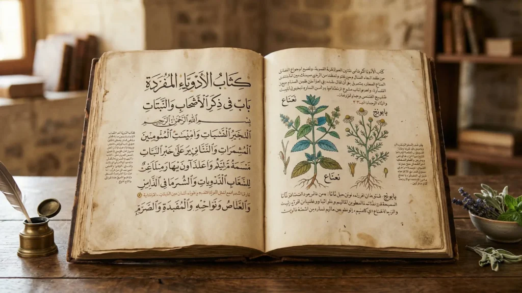 "مشهد يعرض صفحة من كتاب "الجمع بين الأدوية المفردة" لابن البيطار مع رسوم نباتية، ليعبر عن دقة توثيقه للأدوية والنباتات في العصور الوسطى."