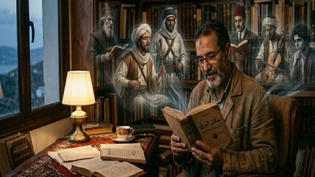 مشهد قارئ يجلس في غرفة دافئة محاطة بالكتب، يمسك كتابًا بعنوان "سكان الورق"، بينما تحيط به شخصيات عربية تاريخية شفافة كأنها تنهض من بين الصفحات وتجسد سحر القراءة.

