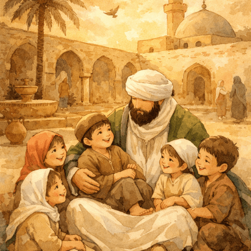 رسم تعبيري لرجل صالح يجلس بين مجموعة من الأطفال في ساحة مسجد قديم، تجسيدًا لرحمة النبي صلى الله عليه وسلم بالأطفال في العصر النبوي