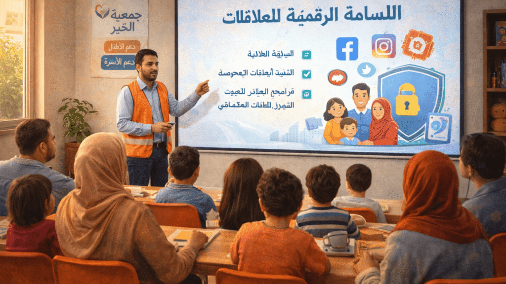 "قاعة جمعية تستضيف ورشة توعية رقمية للأهالي والأطفال حول الاستخدام الآمن لوسائل التواصل وأدوات الذكاء الاصطناعي داخل الأسرة."

