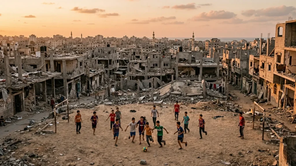 "مشهد لحي مكتظ في غزة بين مبانٍ مدمرة وأطفال يلعبون الكرة في المقدمة، يعكس تداخل الدمار مع إصرار الناس على استمرار الحياة."

