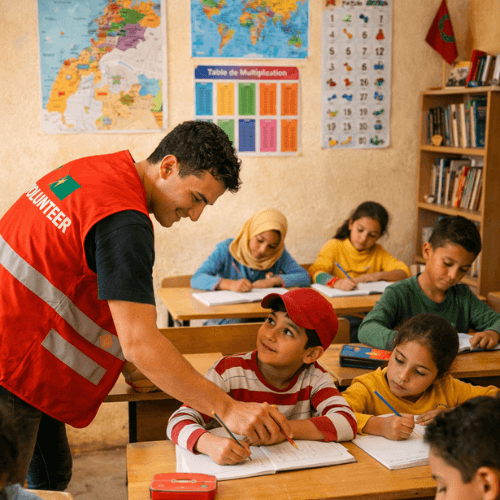 شابة متطوعة تشرح الدروس لمجموعة من الأطفال في قاعة بسيطة داخل مقر جمعية بحي شعبي، تجسيدًا لدروس الدعم المجانية