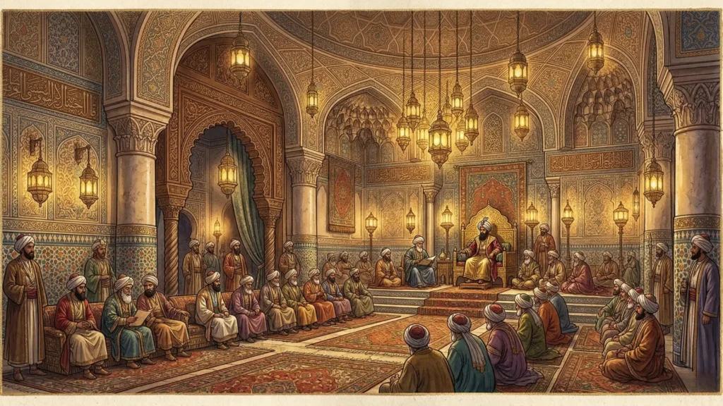 "رسم تخيلي لقاعة في قصر عباسي ببغداد، يظهر فيها الخلفاء والوزراء في مجلس حكم يعكس أجواء السياسة والكواليس في العصر العباسي."


