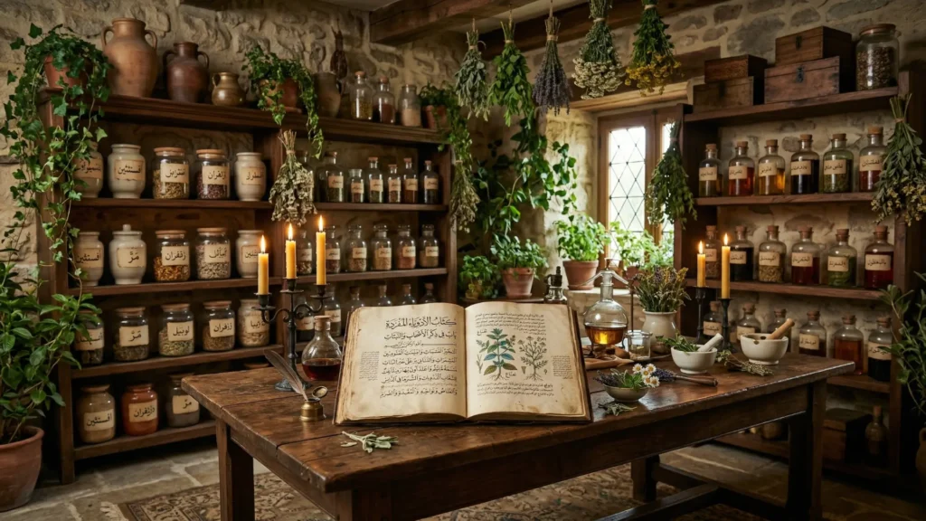 "مشهد صيدلية قديمة مليئة بالنباتات والمستحضرات الطبيعية، يمثل مكان عمل ابن البيطار في صياغة الأدوية وتحضيرها."