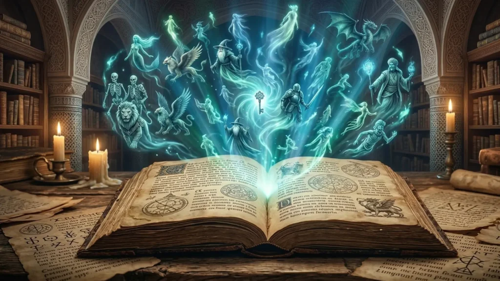 كتاب قديم مفتوح تخرج منه كائنات خيالية وتاريخية مضيئة كالأشباح في مكتبة أثرية غامضة.