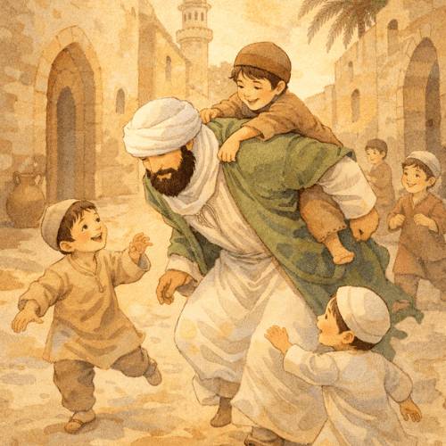 "لوحة تعبيرية لرجل يلاعب الأطفال في حارة من زمن المدينة المنورة، تعكس مكانة اللعب والمداعبة في تربية النبي للأطفال.