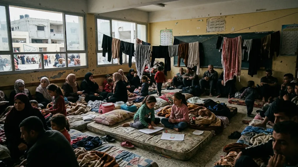 "مدرسة تحولت إلى مركز إيواء لنازحي غزة، حيث تتكدس العائلات على الفرش البسيطة بينما يحاول الأطفال الرسم واللعب وسط ظروف قاسية."

