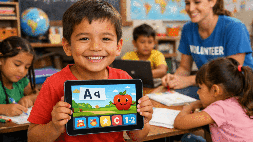 "طفل يشارك بسعادة في نشاط تعليمي تنظمه جمعية محلية، يمزج بين التعلم الوجاهي واستخدام جهاز لوحي بمحتوى تربوي موجه."

