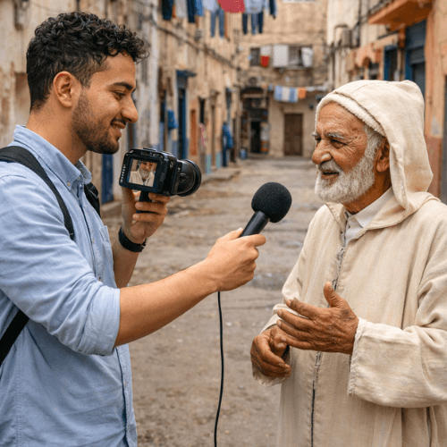 "شاب من أبناء الحي يجري حوارًا مع أحد السكان في شارع شعبي، تعبيرًا عن صحافة الحي التي تعطي صوتًا للمواطنين.