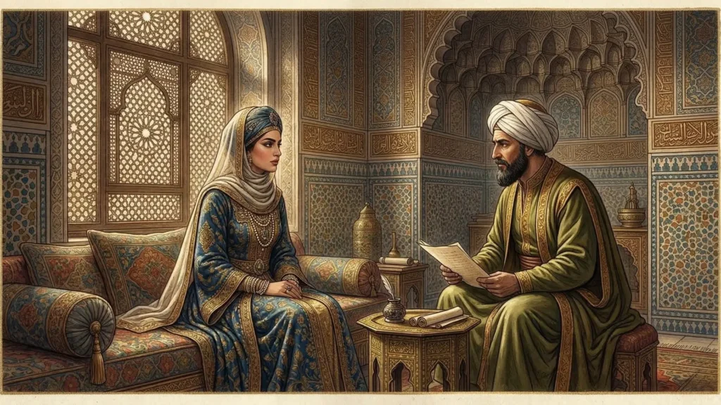 "امرأة من العصر العباسي بملابس فاخرة محتشمة، تجلس بثبات وثقة في مجلس داخلي، تجسد صورة فاطمة بنت علي بن عباس كشخصية مؤثرة في القرار."


