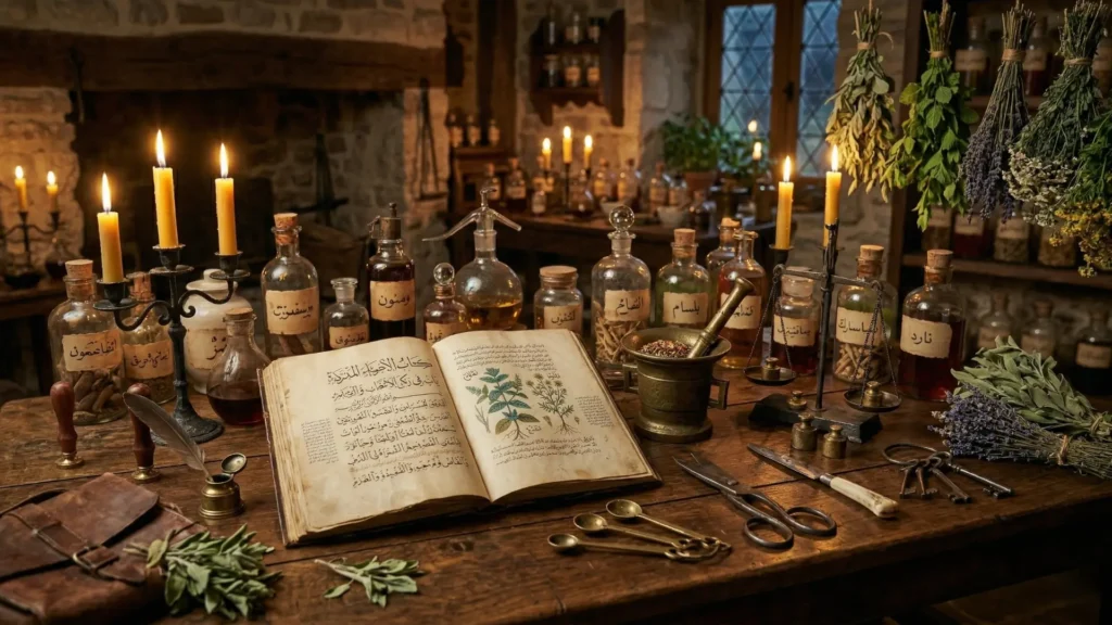 "مشهد العالم ابن البيطار وسط حقول نباتية، يجمع الأعشاب، ليعبر عن حبه للنباتات واهتمامه بالملاحظة العلمية."