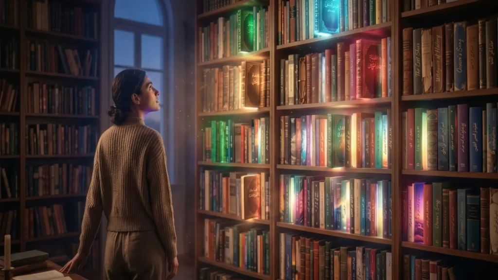 امرأة تنظر بدهشة إلى رفوف مكتبة ضخمة حيث تتوهج بعض الكتب القديمة والمخطوطات العربية بضوء سحري ملون.