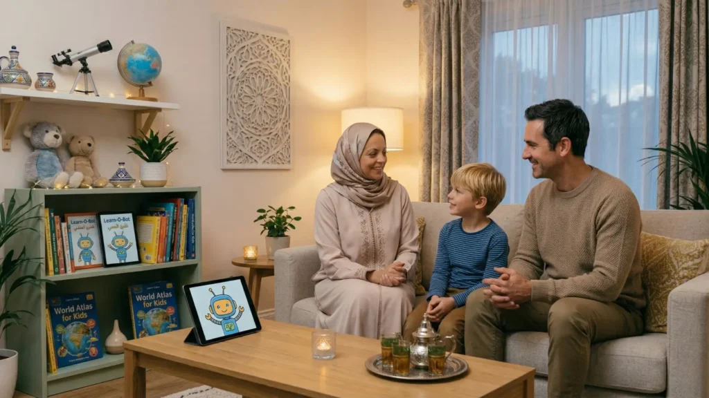 "أسرة تجلس في غرفة معيشة هادئة تناقش مع طفلها معنى الذكاء الاصطناعي باستخدام جهاز لوحي، في مشهد يعبر عن الحوار الأسري المتوازن حول التقنية."

