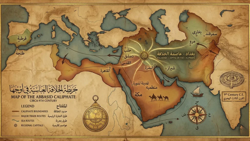 "خريطة فنية قديمة للدولة العباسية في أوجها مع إبراز موقع بغداد، لتوضيح الإطار الجغرافي والسياسي الذي تحركت فيه فاطمة بنت علي بن عباس."

