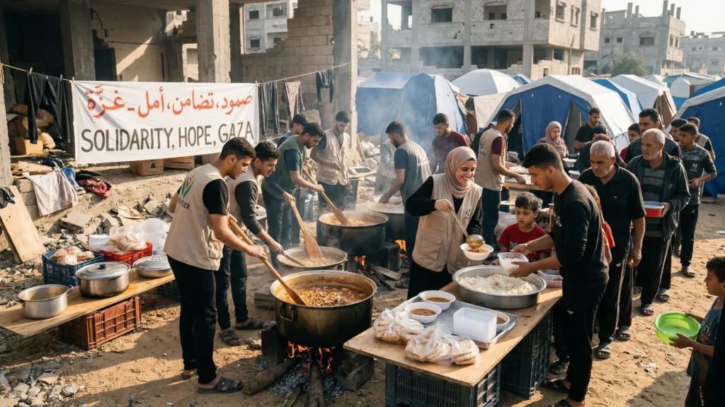 "شباب من غزة يطبخون ويوزعون وجبات ساخنة للنازحين في الشارع، مشهد يجسد التضامن الاجتماعي وثقافة الصمود تحت الحصار."

