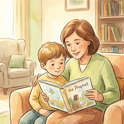 صورة رمزية تقارن بين طفل منعزل أمام شاشة لوحية وطفل يجلس مع والده يقرأ قصة نبوية، لتجسيد الفرق بين تربية الشاشات والتربية على هدي النبي
