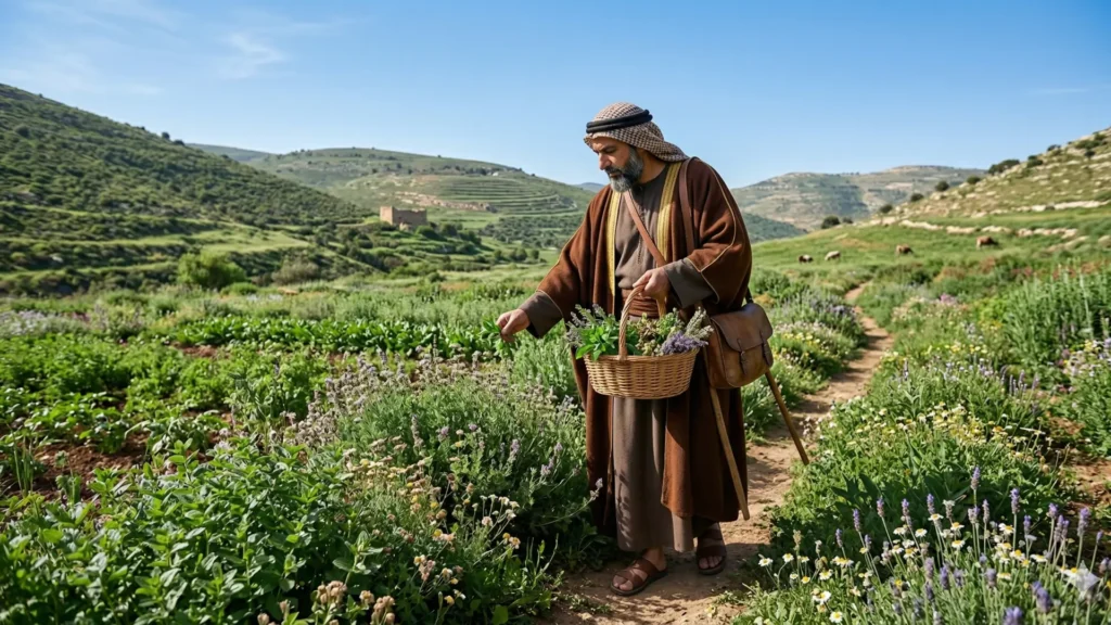 "مشهد مختبر صيدلية قديمة يظهر عملية تحضير الأدوية باستخدام المعدات اليدوية، تعبيرًا عن دقة عمل ابن البيطار وتجاربه."