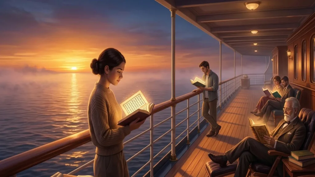 أشخاص يقرأون كتباً مضيئة على سطح سفينة كلاسيكية وقت الغروب، في مشهد يجمع بين الهدوء والخيال