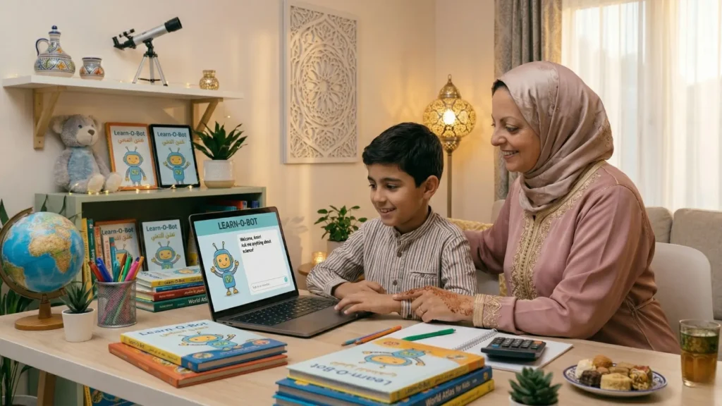 "طفل يتعلم بواسطة أداة ذكاء اصطناعي على الحاسوب بينما يجلس أحد الوالدين بجانبه، لتمثيل استخدام AI كوسيلة تعليمية تحت إشراف مباشر."

