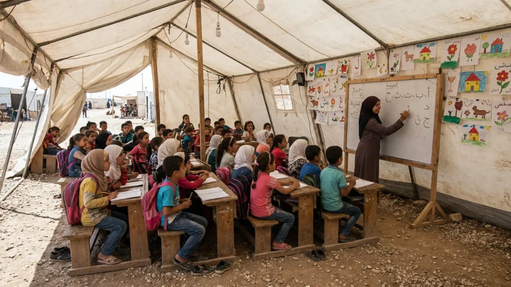 "قسم دراسي مؤقت داخل خيمة في غزة، يجلس فيه الأطفال حول معلمتهم، في محاولة للحفاظ على حقهم في التعليم رغم النزوح والدمار."

