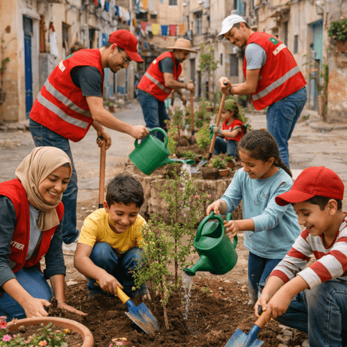 صورة لمتطوعين وأطفال يغرسون أشجارًا في ساحة صغيرة داخل حي شعبي، في إطار حملة تشجير لتحسين الفضاء العام.
