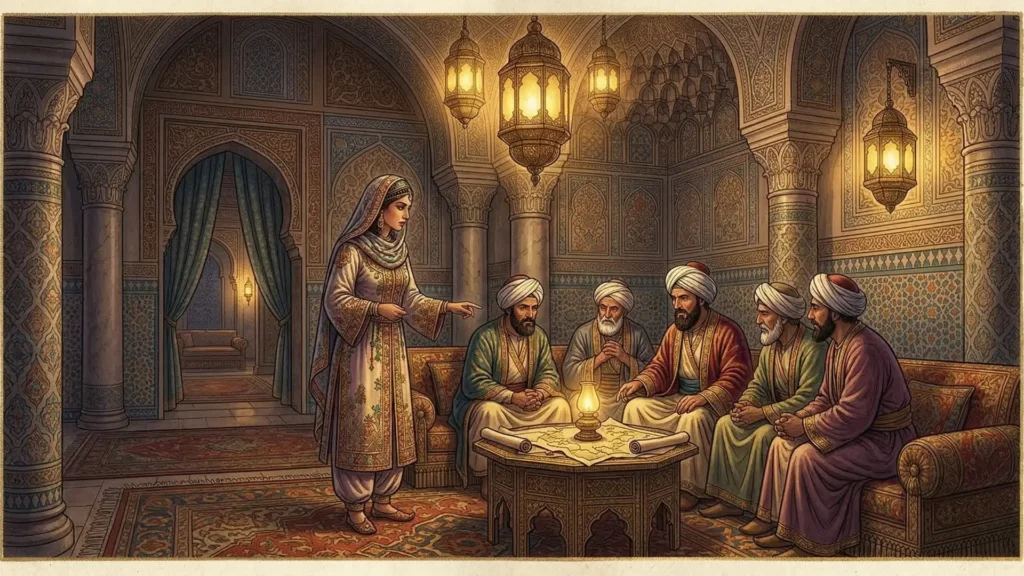 "مشهد هادئ داخل جناح من القصر العباسي، يظهر فيه نقاش سياسي بين رجال، مع امرأة مؤثرة تشارك بالرأي، في إشارة لدورها في توجيه قرار الخلافة."

